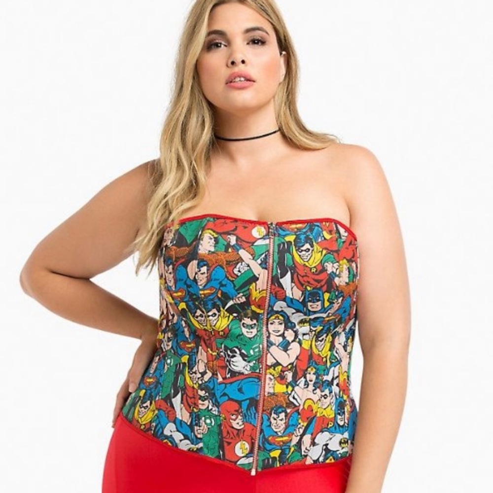 NWT torrid DC Multi Hero Comic Print Cosplay Bustier Corset Top Strapless Color